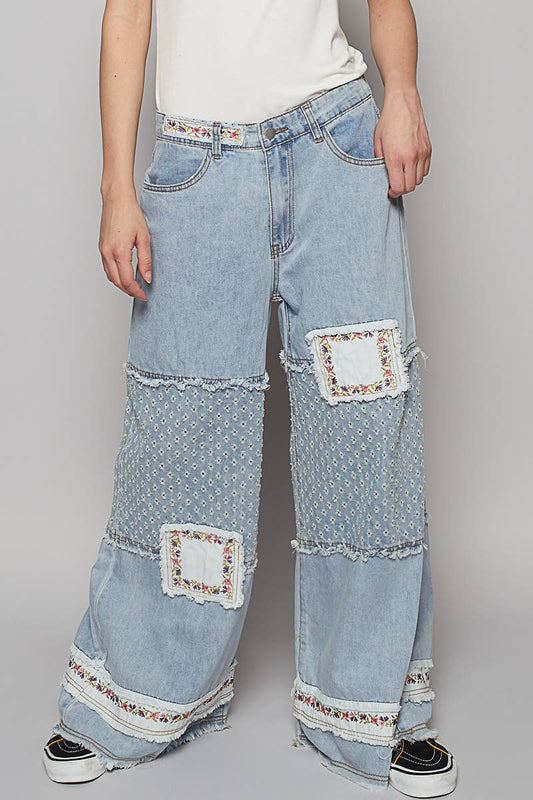 Vintage Washed Floral Patch Detail Straight Pants