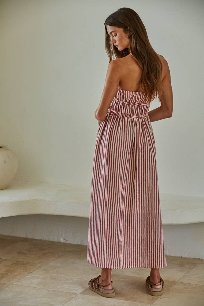 Woven Cotton Linen Striped Tube Neck Strapless Flare