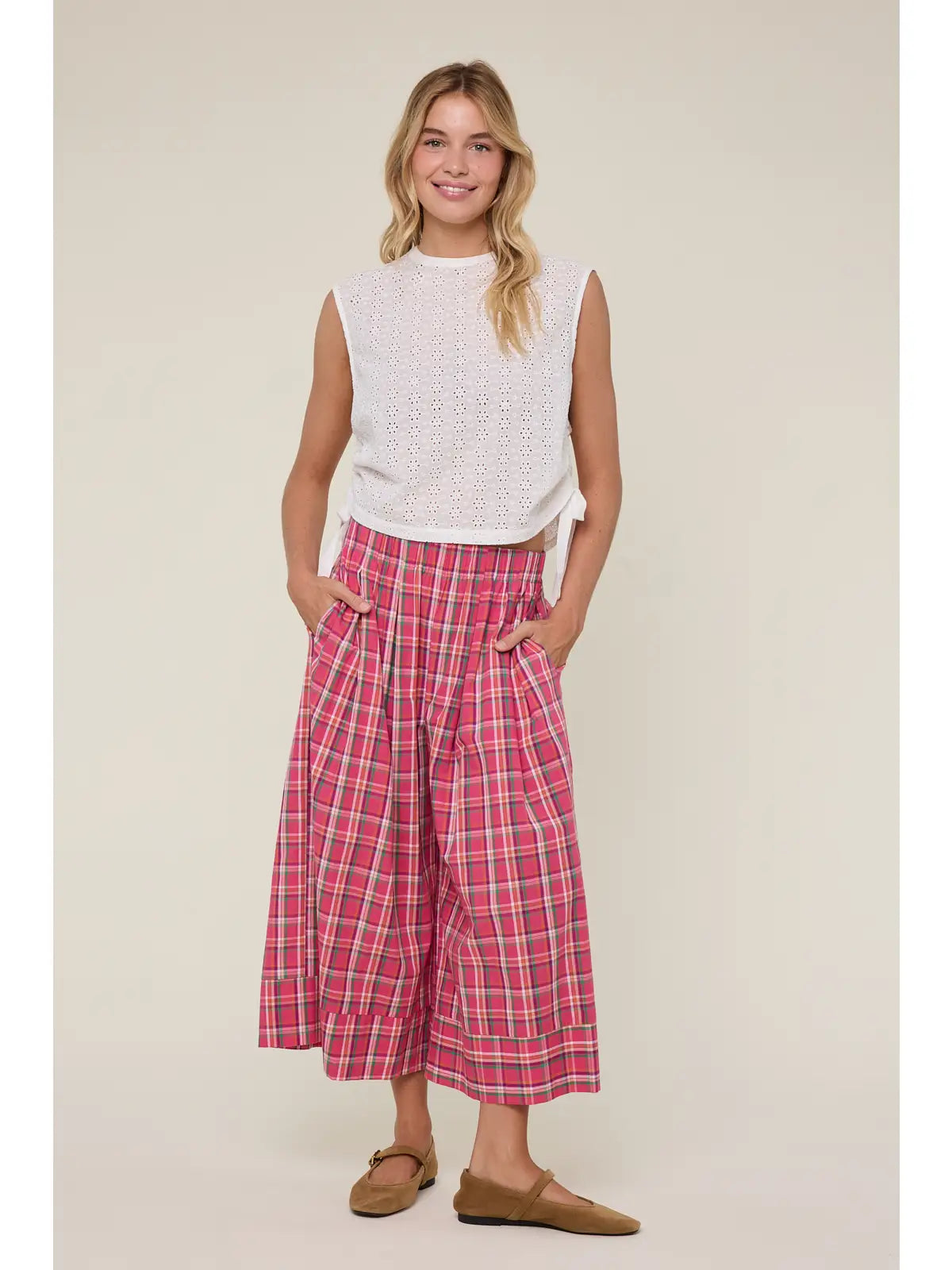 Plaid Wide Leg Pants- Fuchsia