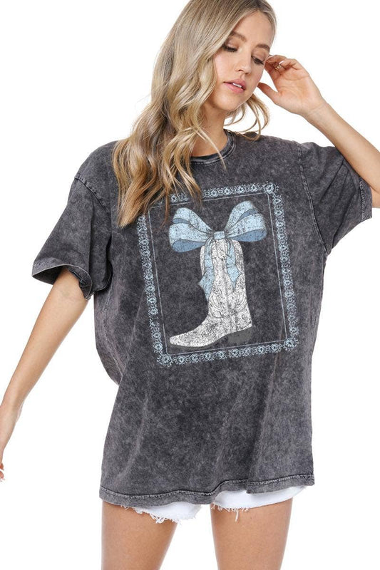Cowboy Boot Bow Coquette Graphic Washed Boyfriend Tee - Black