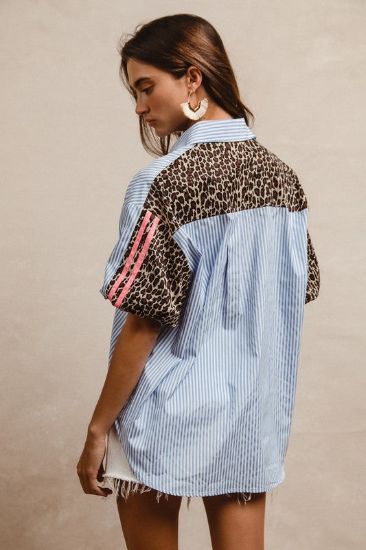 Stripe Pattern with Leopard Print Top - Chambray/Latte