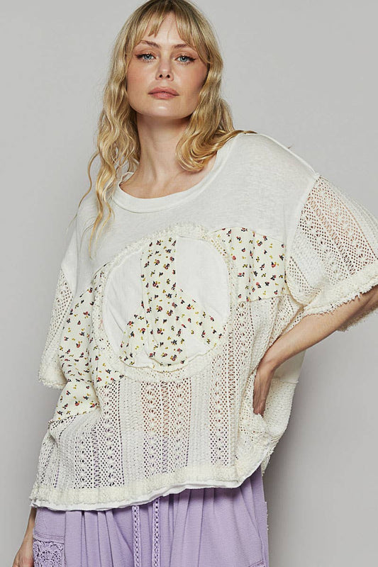 Oversize Round Neck Crochet Print Peace Top