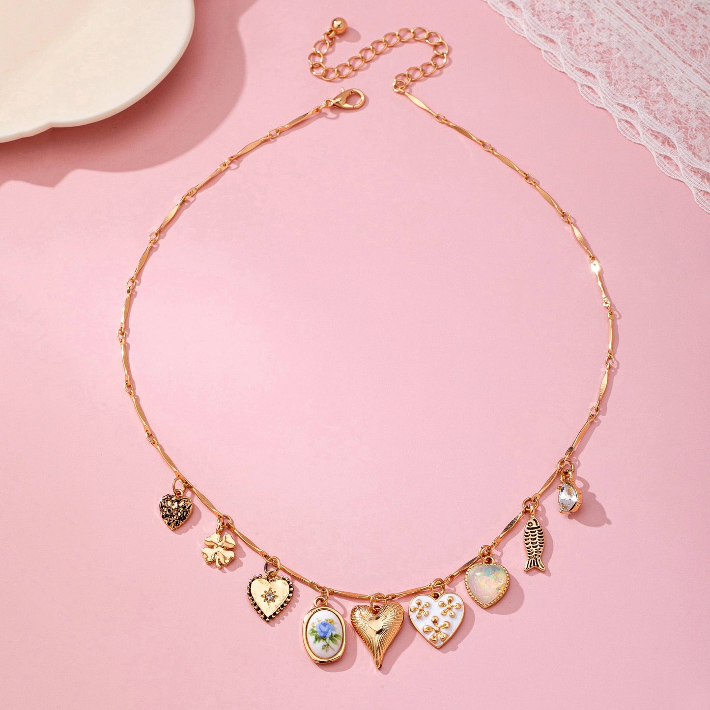 Charm Necklace - Hearts Porcelain Fish Rhinestone