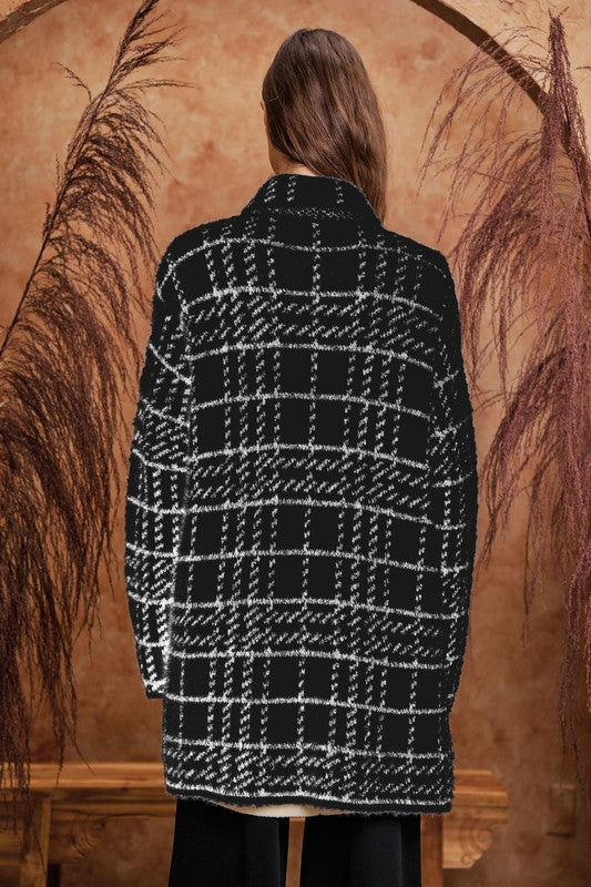 Plaid Lapel Collared Button Front Coat - Black/White