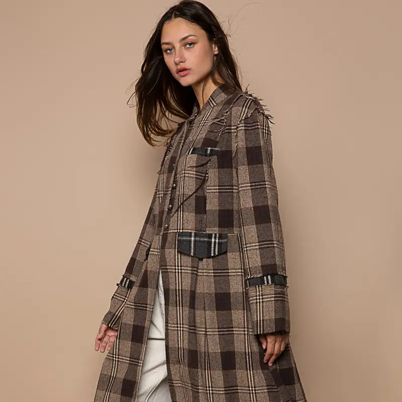 Vintage Mandarin Collar Plaid Cardigan