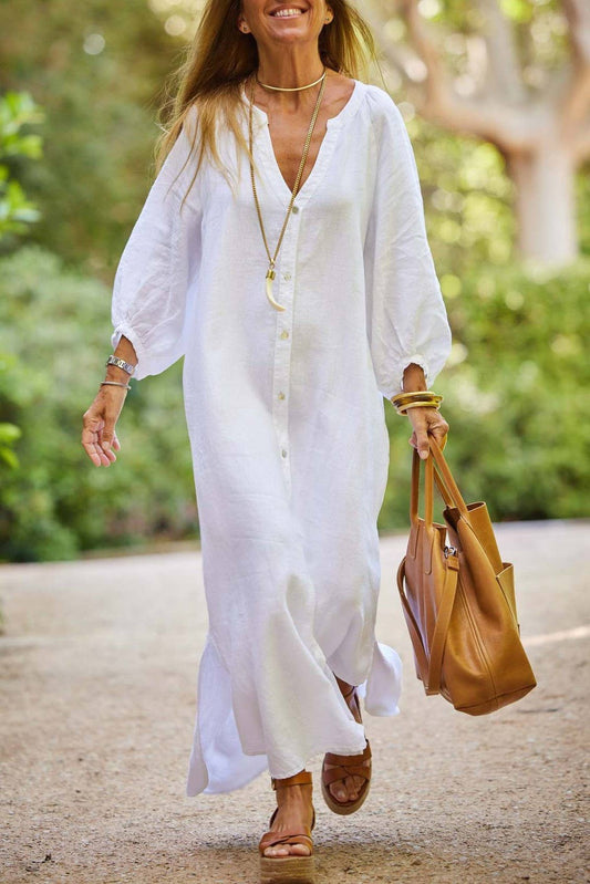 Demure v-neck Balloon Sleeves blouse long dress