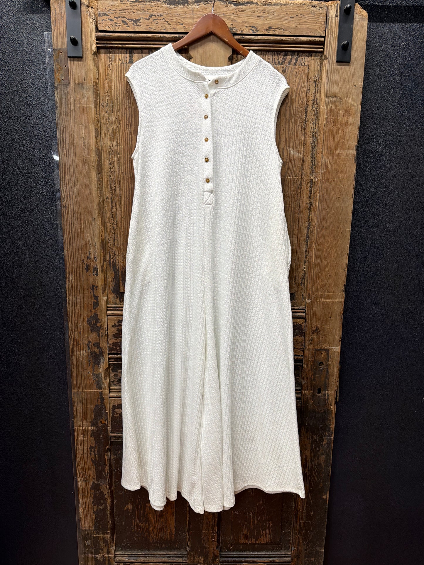 Wide Leg Solid Textured Knit Jumpsuit - White