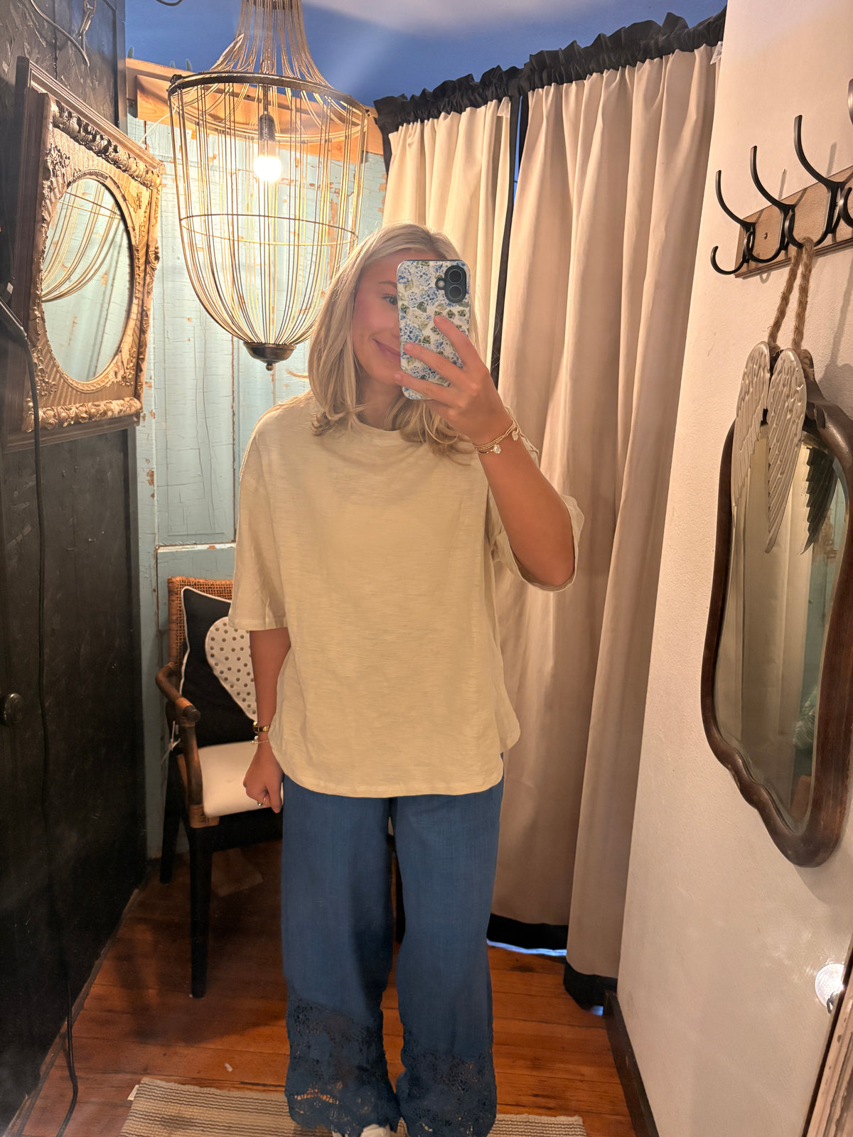 Blue Wide Leg Crocheted Trim Pant
