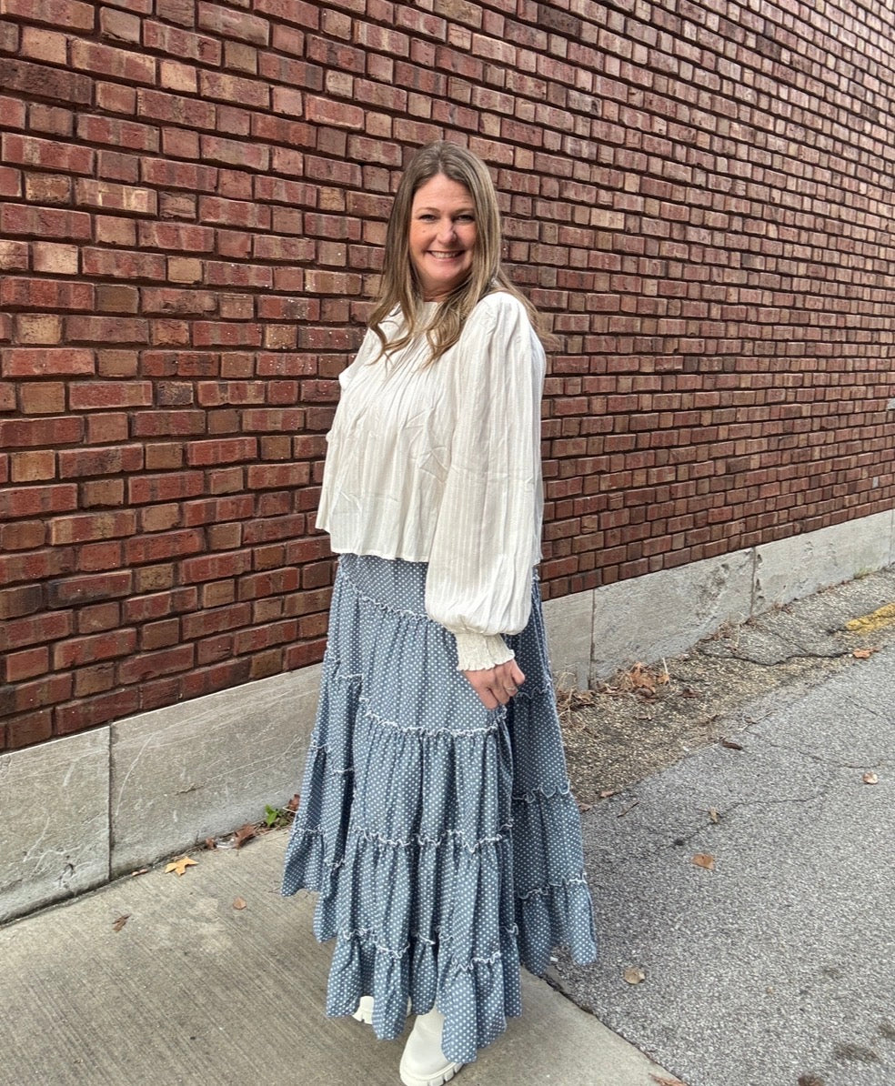 Polka Dots Printed Tiered Skirt - Denim