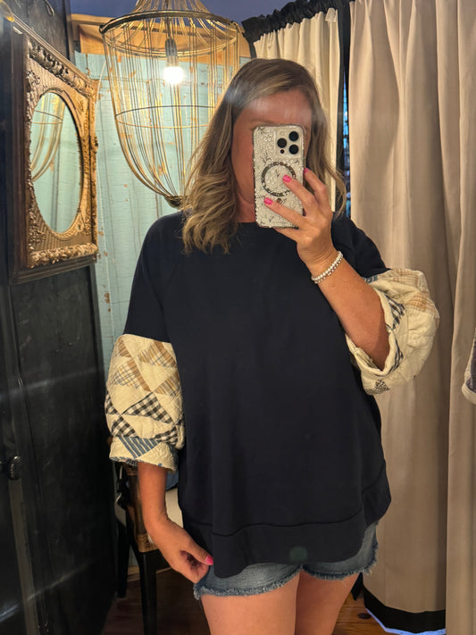Quilted 3/4 Sleeve Sweatshirt - Navy