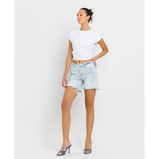 Mid Rise Distressed Stretch Shorts