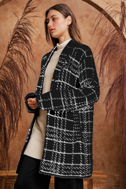 Plaid Lapel Collared Button Front Coat - Black/White