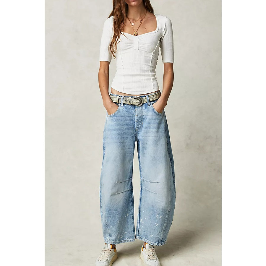 Curvy Girl Casual Wide Leg Washed Denim - Light Blue