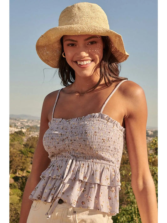 Floral Drawstring Ruched Smocked Peplum Cami Top - Lilac