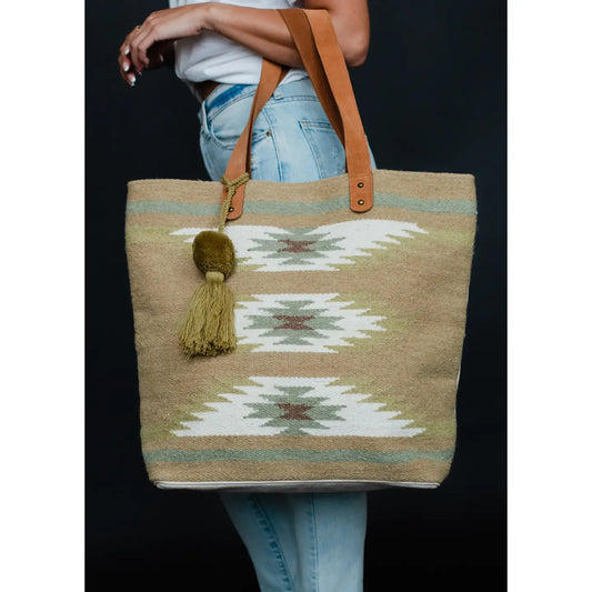 Tan & Light Green Aztec Tote Bag