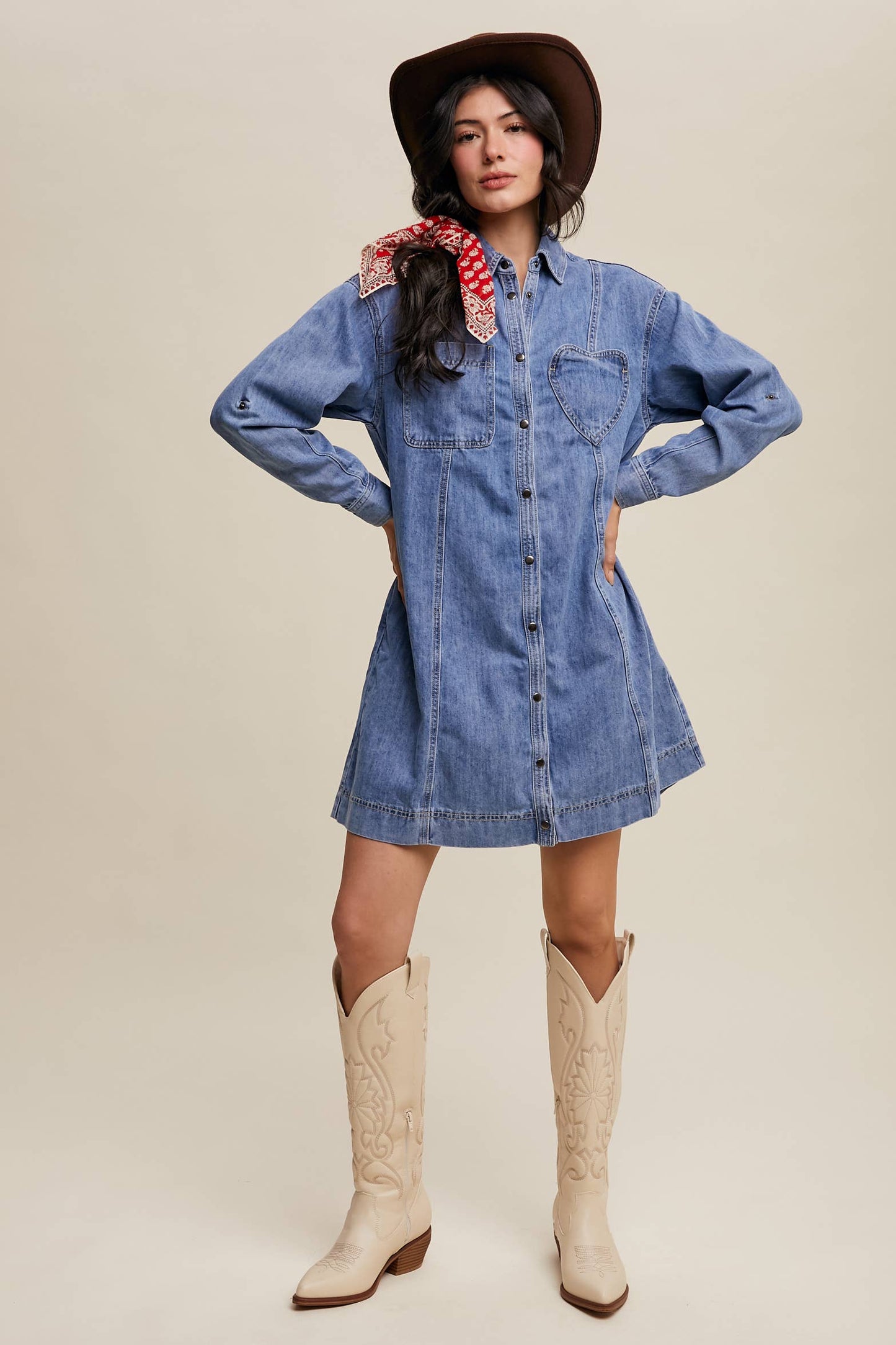 Denim Heart-Pocket Shirt Dress
