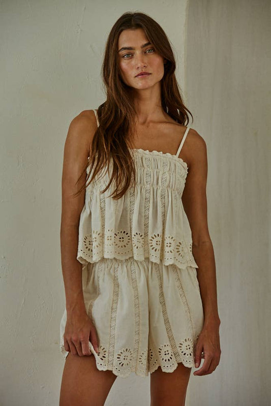 Woven Cotton Eyelet Tube Neck Spaghetti Strap Top
