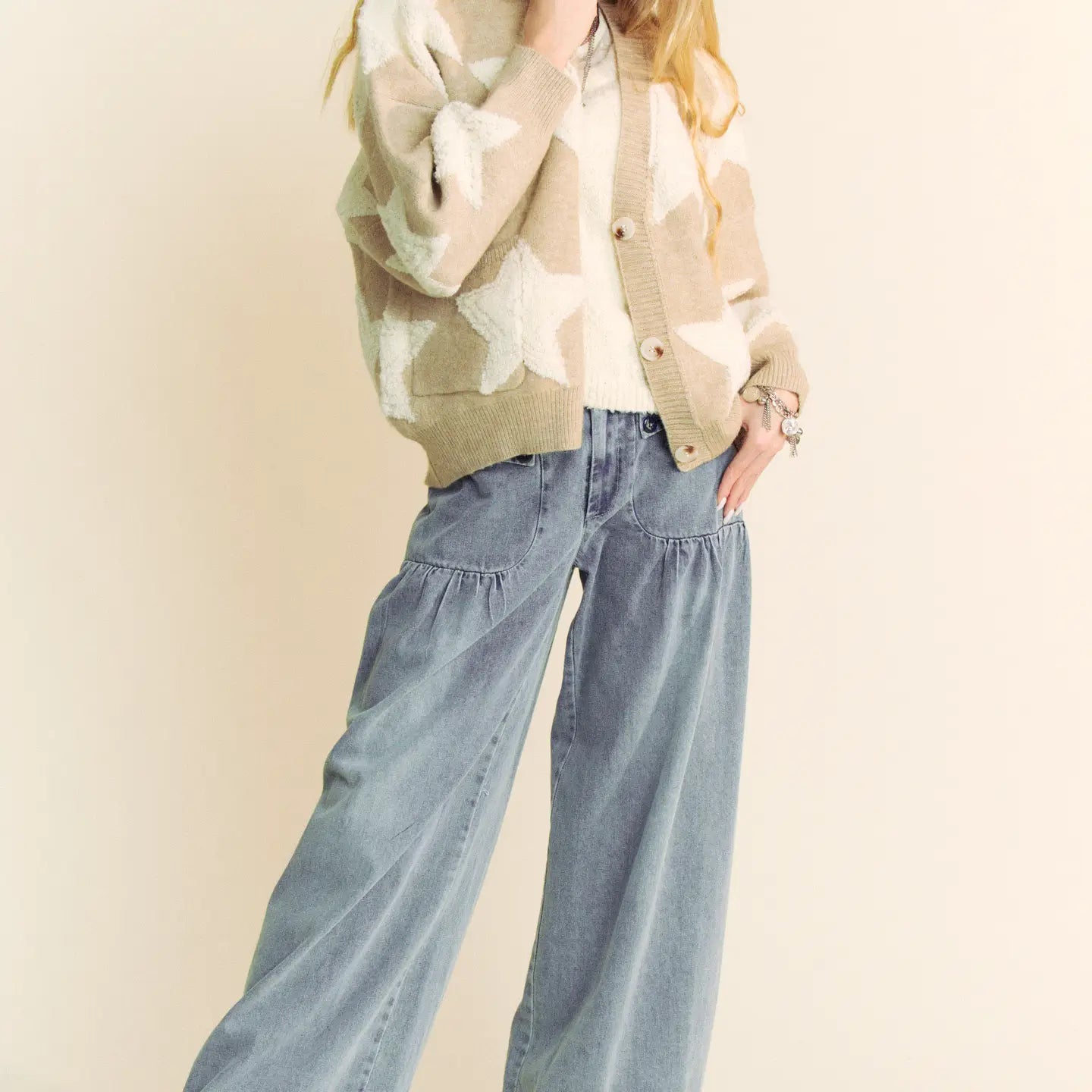 Curvy Girl Star Loose Fit Button Down Cardigan