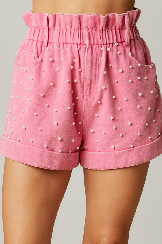 Washed Pearl Studded Paperbag Shorts - Pink