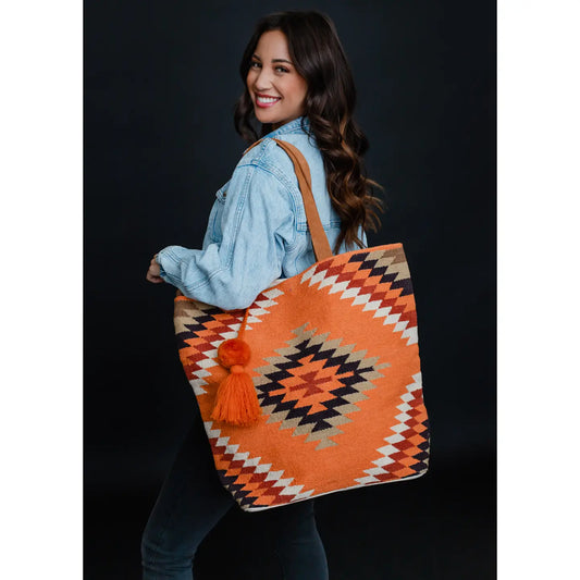 Orange, White & Red Aztec Tote Bag