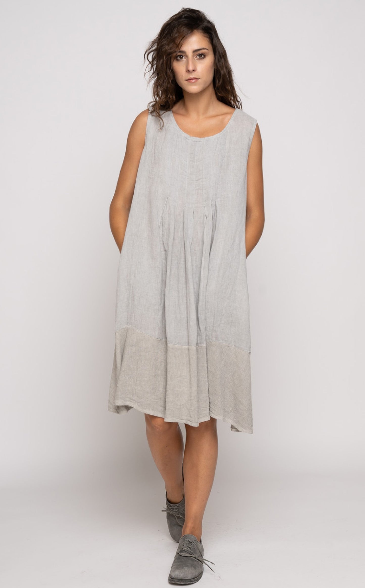 Pleat Panelled Tank Dress - Beige