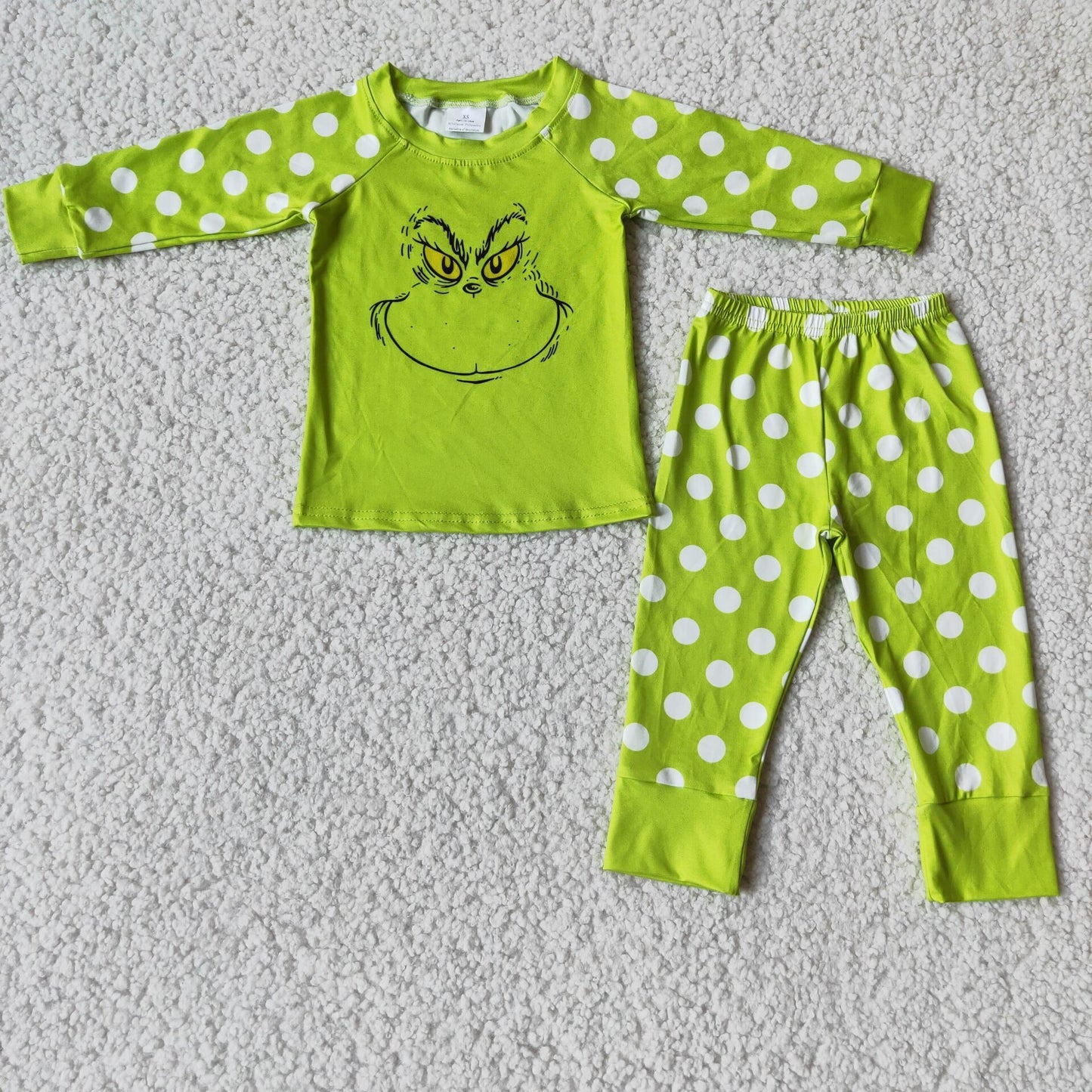 Green Face Print Dots Girls Christmas Pajamas