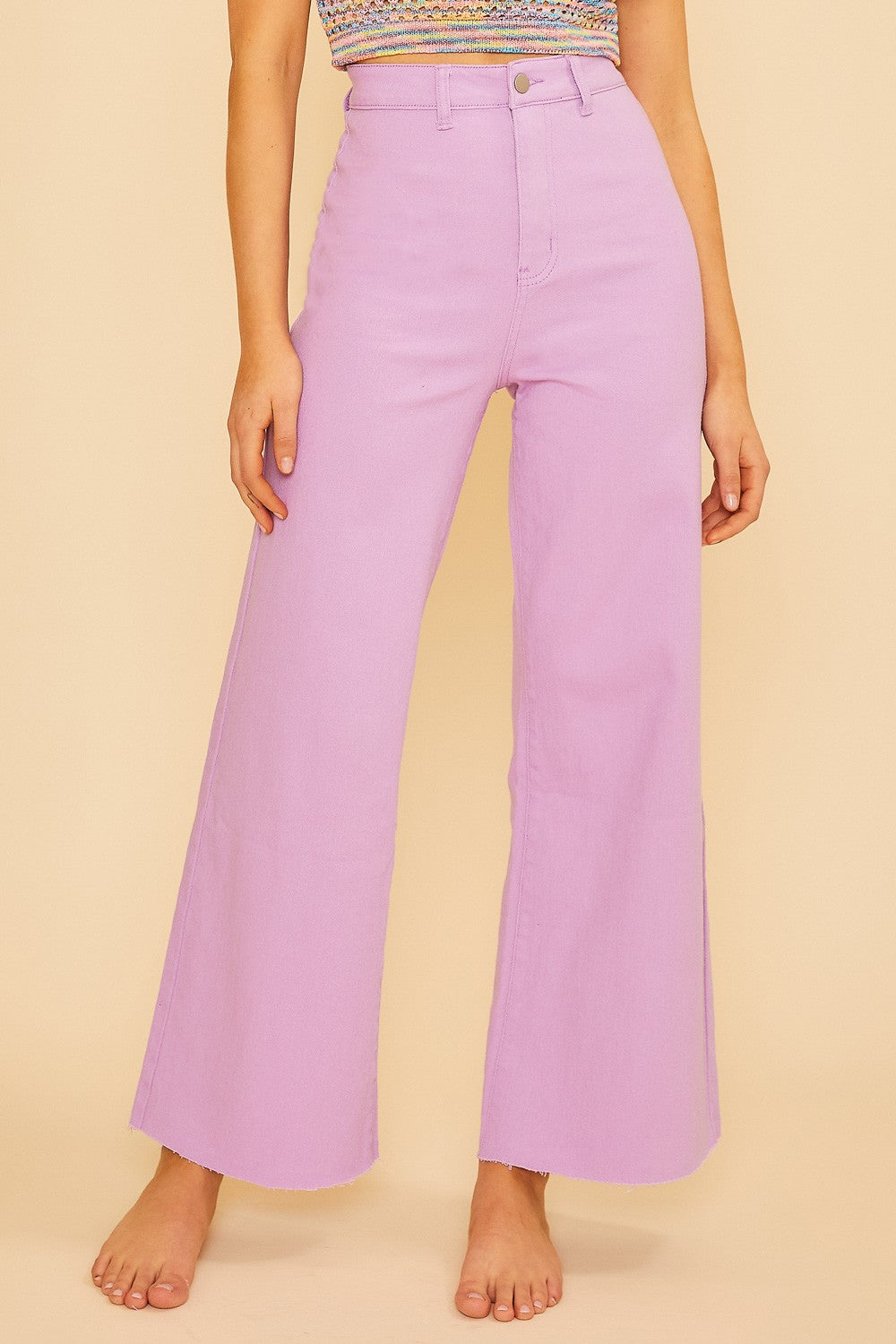 Stretch High Rise Wide Leg Cropped Denim Pant - Lavender