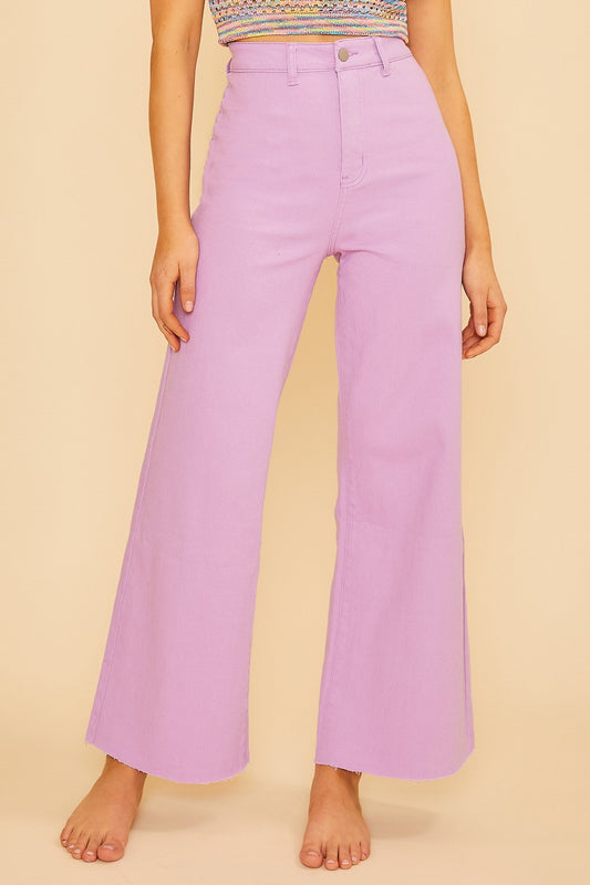 Stretch High Rise Wide Leg Cropped Denim Pant - Lavender