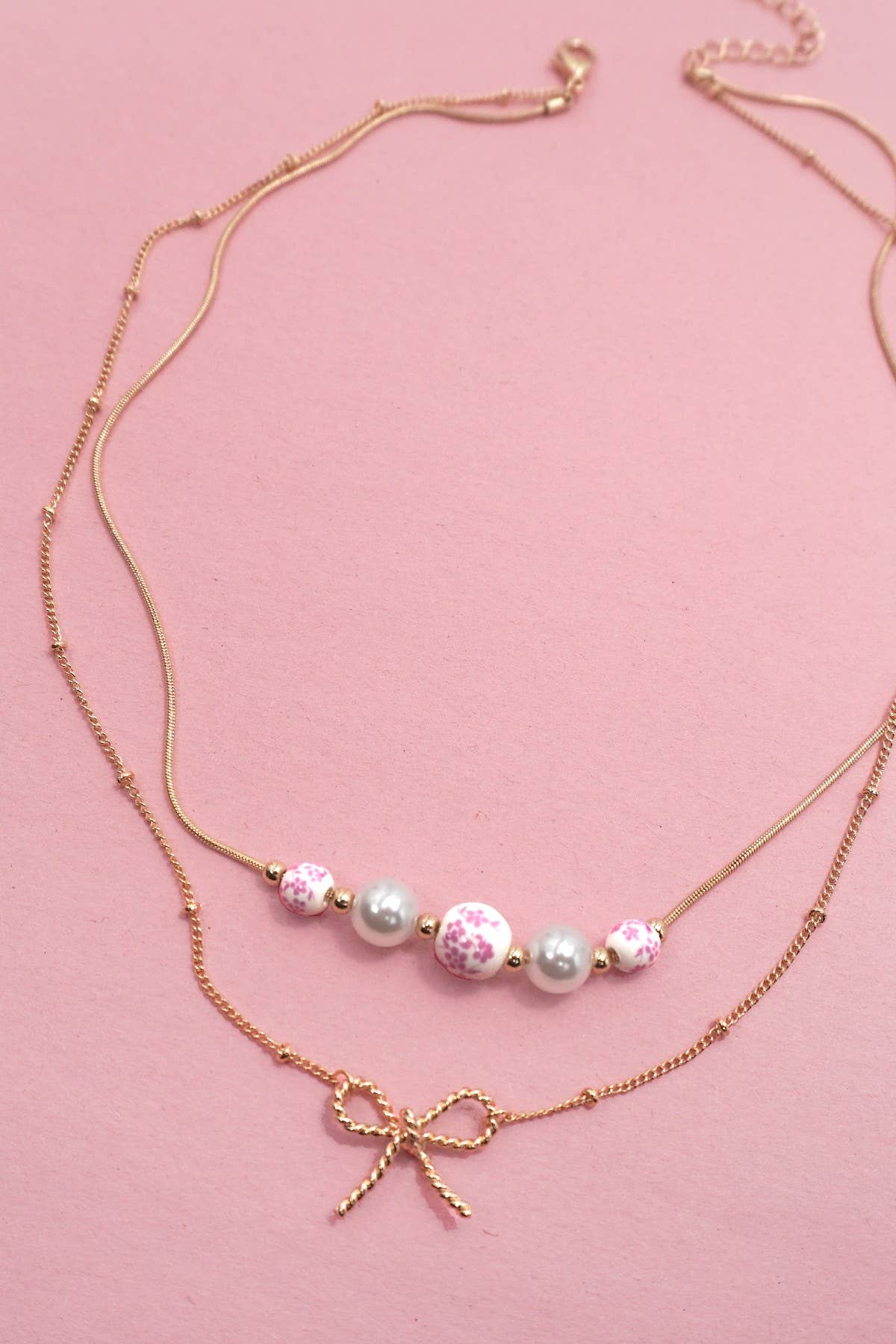 Pink Ceramic Porcelain Pearl Bow Layered Necklace