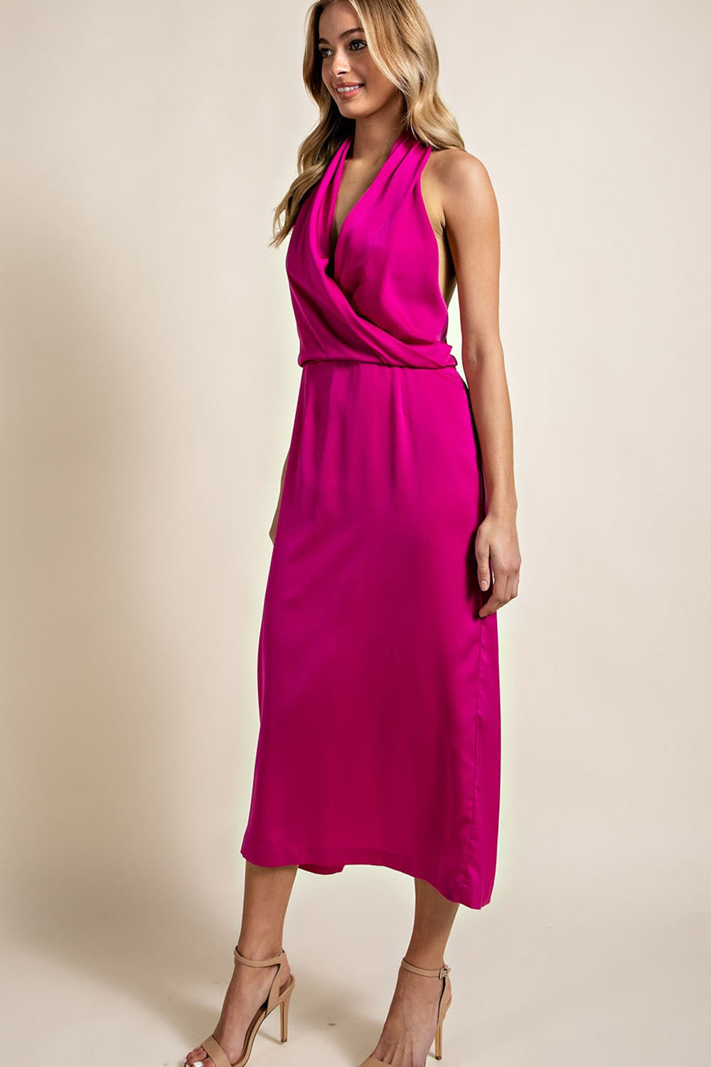 Satin Open Back Sleeveless Maxi Dress - Hot Pink