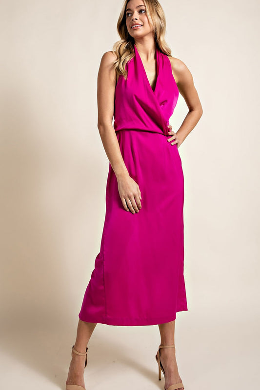Satin Open Back Sleeveless Maxi Dress - Hot Pink
