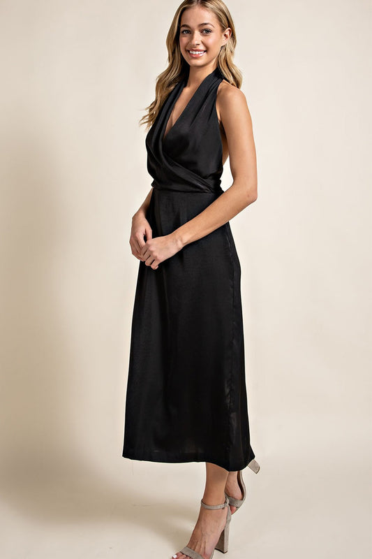 Satin Open Back Sleeveless Maxi Dress - Black