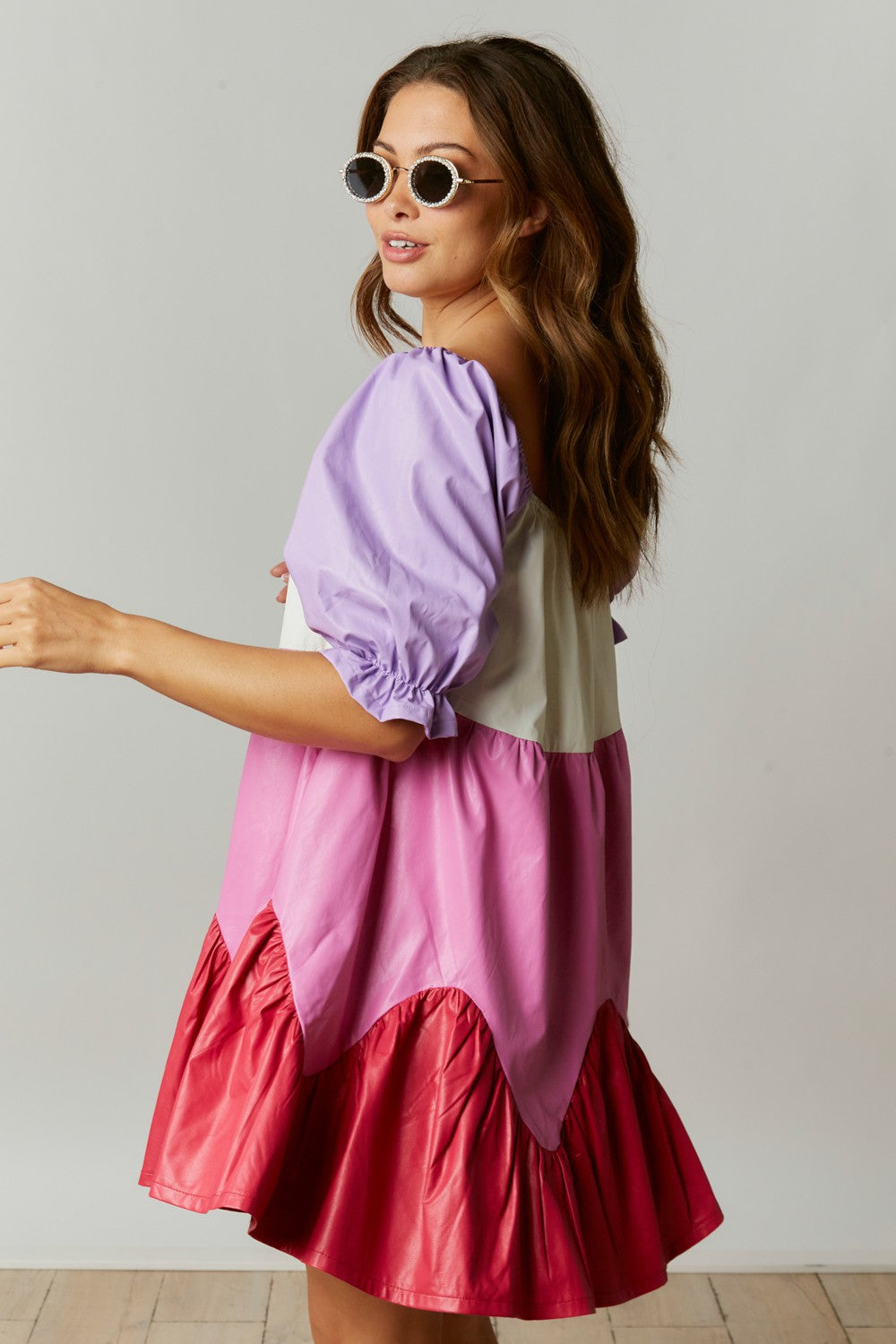 Coated Color Block Babydoll Mini Dress