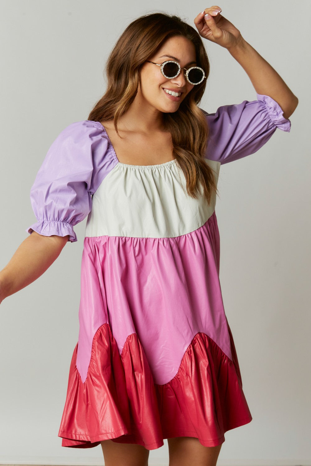 Coated Color Block Babydoll Mini Dress