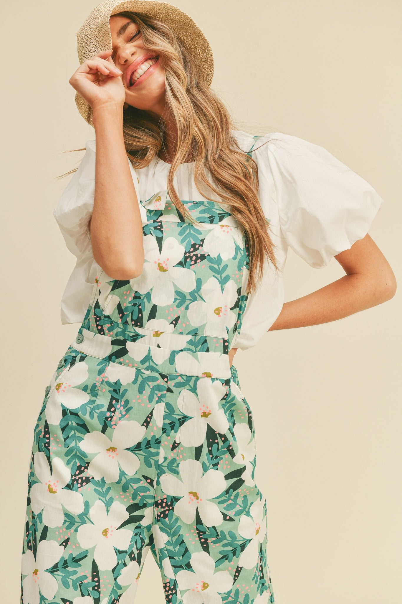 Flower Print Overalls - Mint Floral