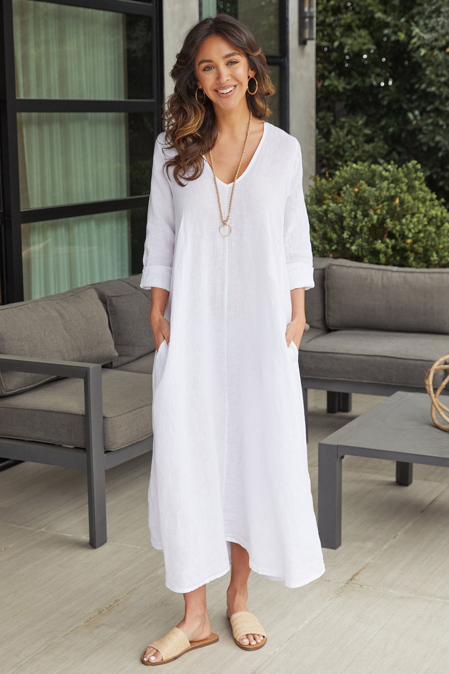 Linen Long Sleeve V-Neck Maxi Dress