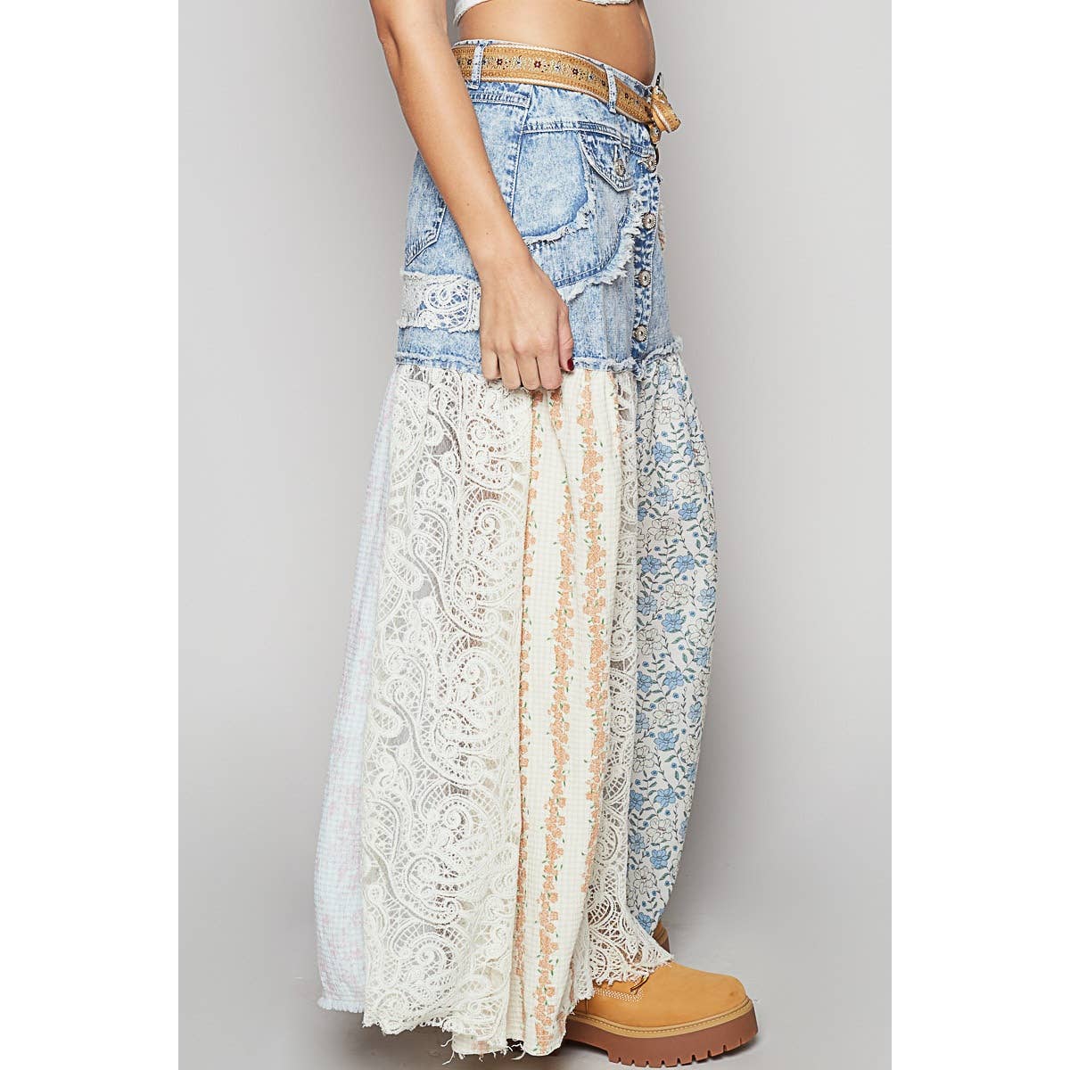 Woven Floral Print Mixed Skirt