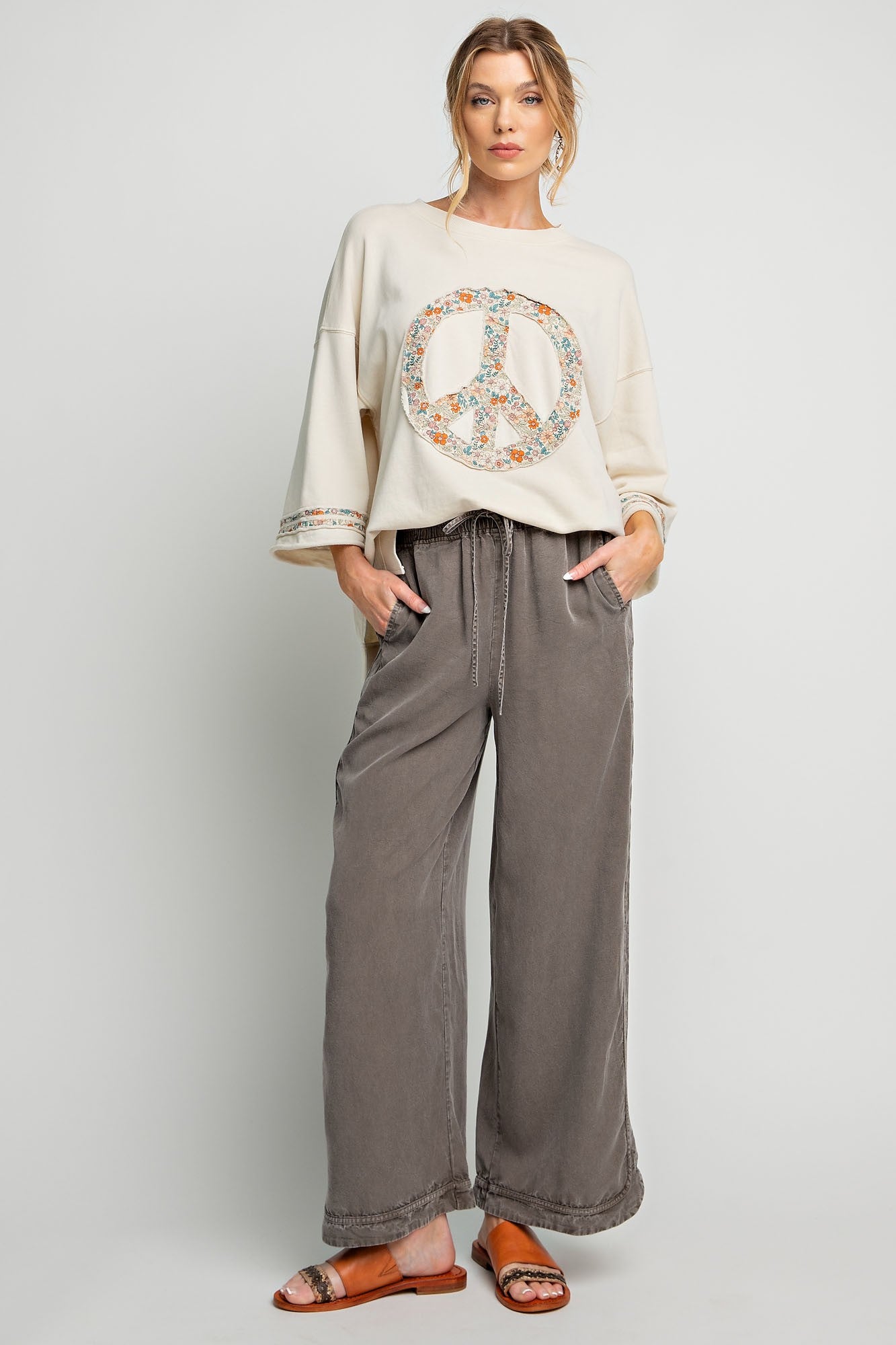 Mineral Washed Soft Twill Wide Leg Pants - Ash