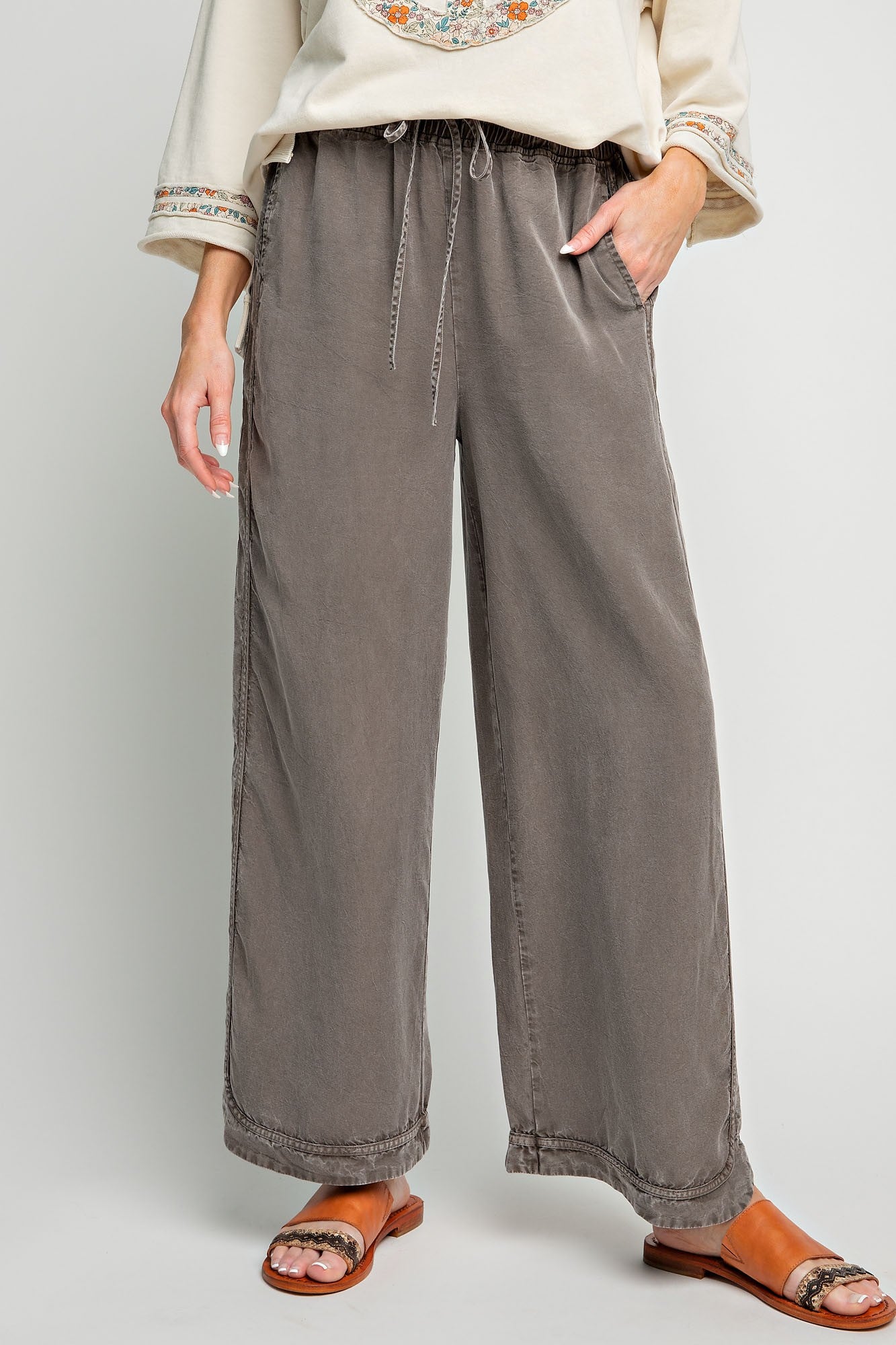 Mineral Washed Soft Twill Wide Leg Pants - Ash