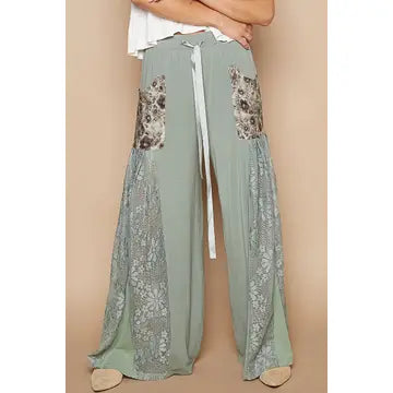 Lace Printed Fabric Contrast Wide Leg Pants - Deep Grass