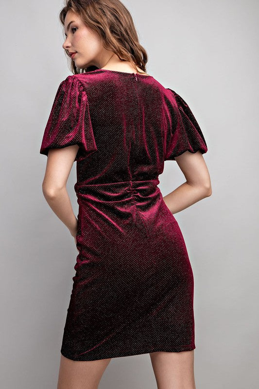 Glitter V-Neck Mini Dress - Wine