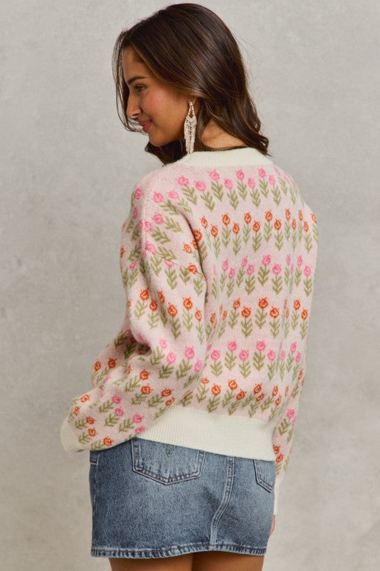 Flower Patterned Loose Fit Sweater