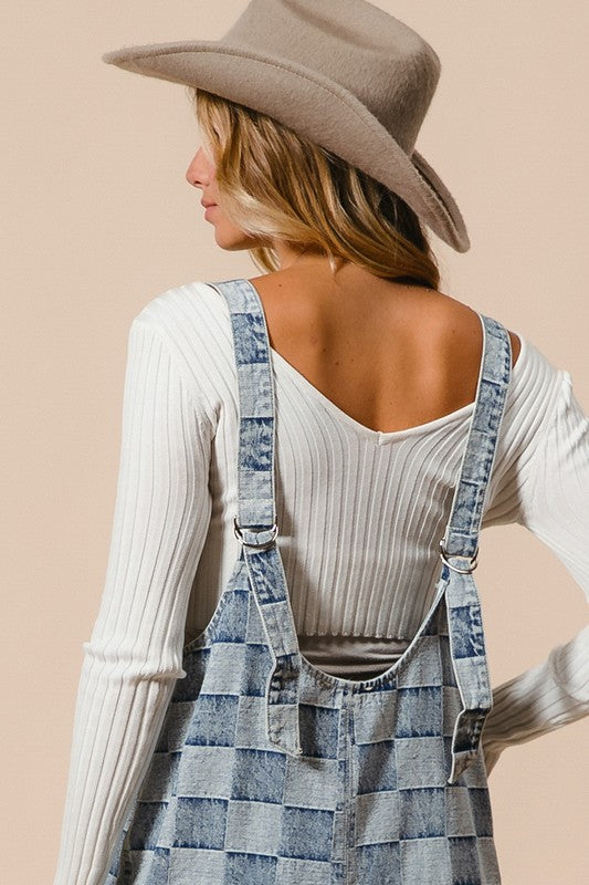 Low Rise Vintage Washed Checker Denim Overalls