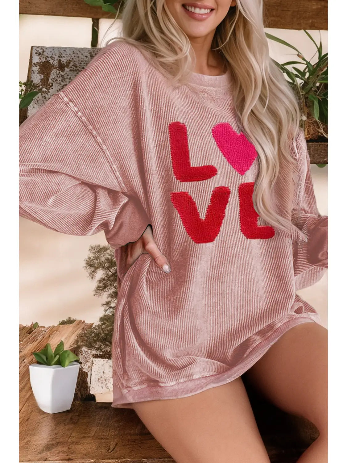 Pink Valentines Love Patch Corded Baggy Sweatshirt