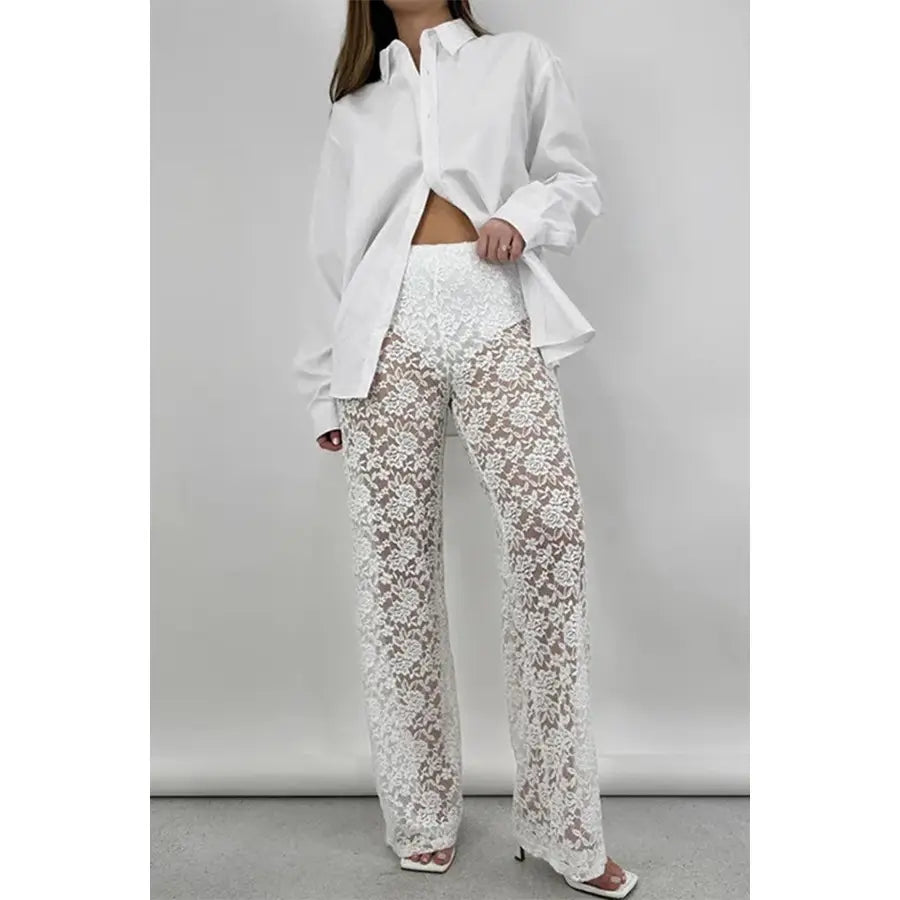 Sexy Lace See Through Straight Pants - White