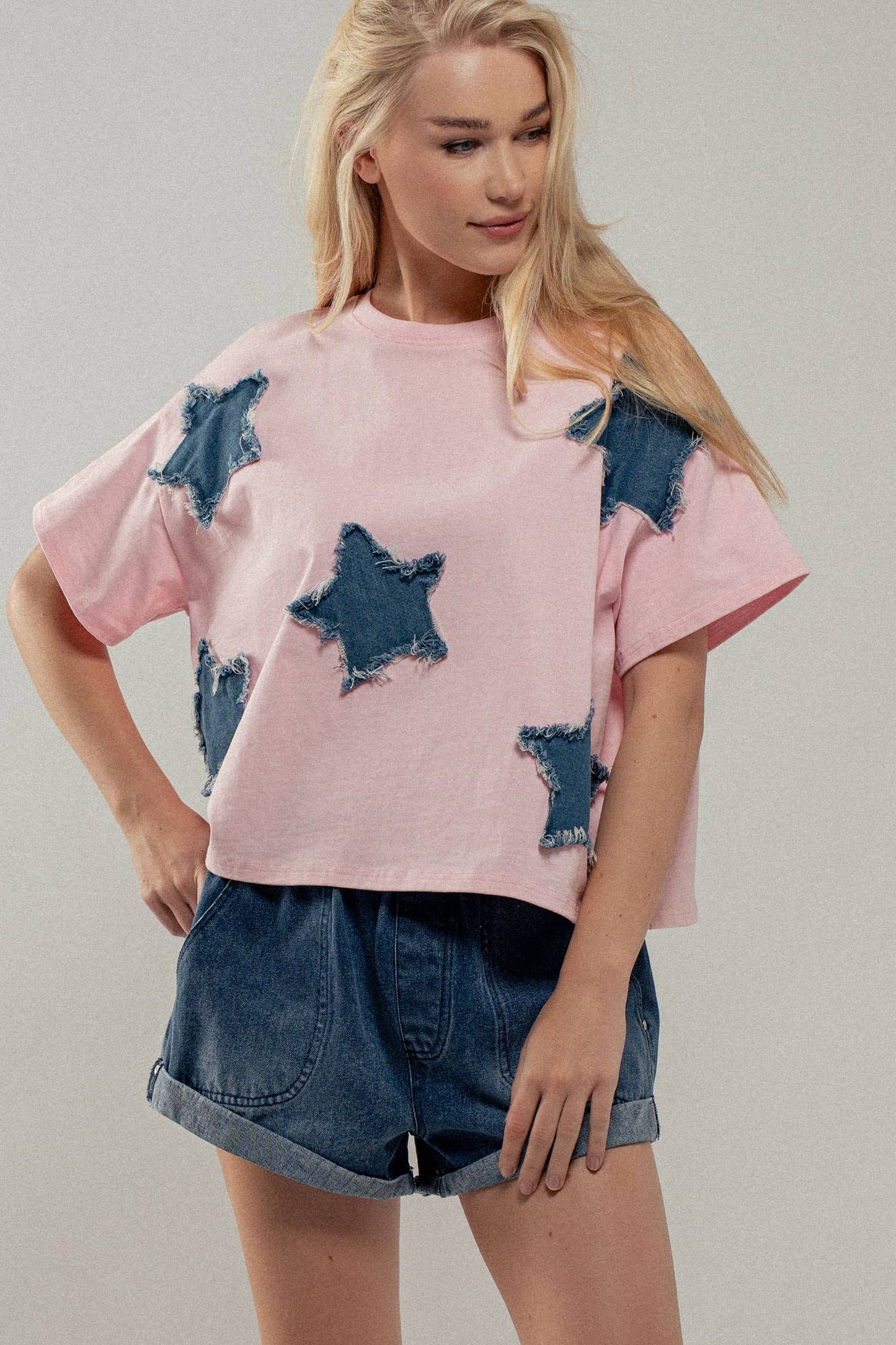 Distressed Denim Star Appliqué Tee
