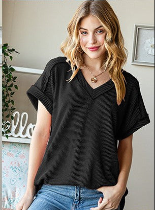 Short Sleeve Solid Urban Ribbed Top- Black