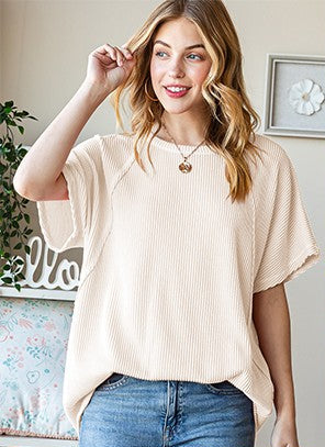 Round Neck Solid Urban Ribbed Top - Cream