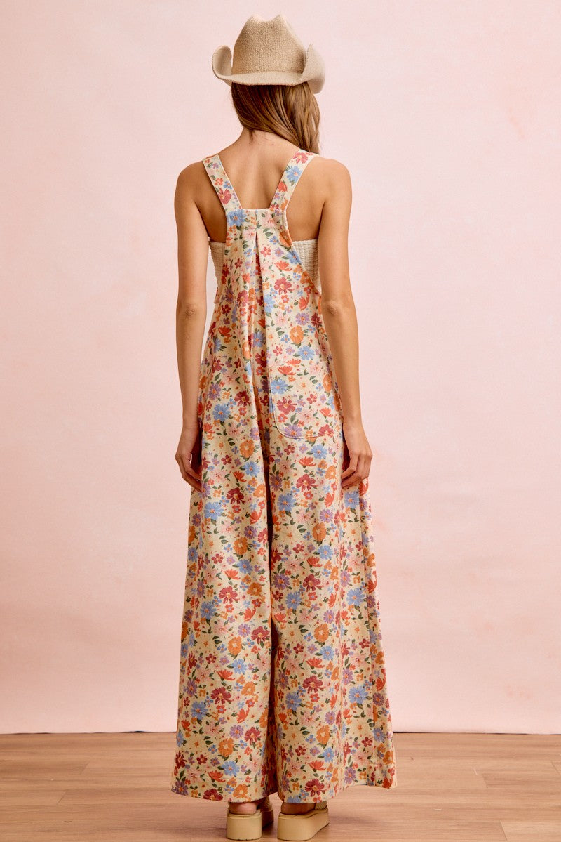 Washed Floral Twill Front Pockets Detail Overall