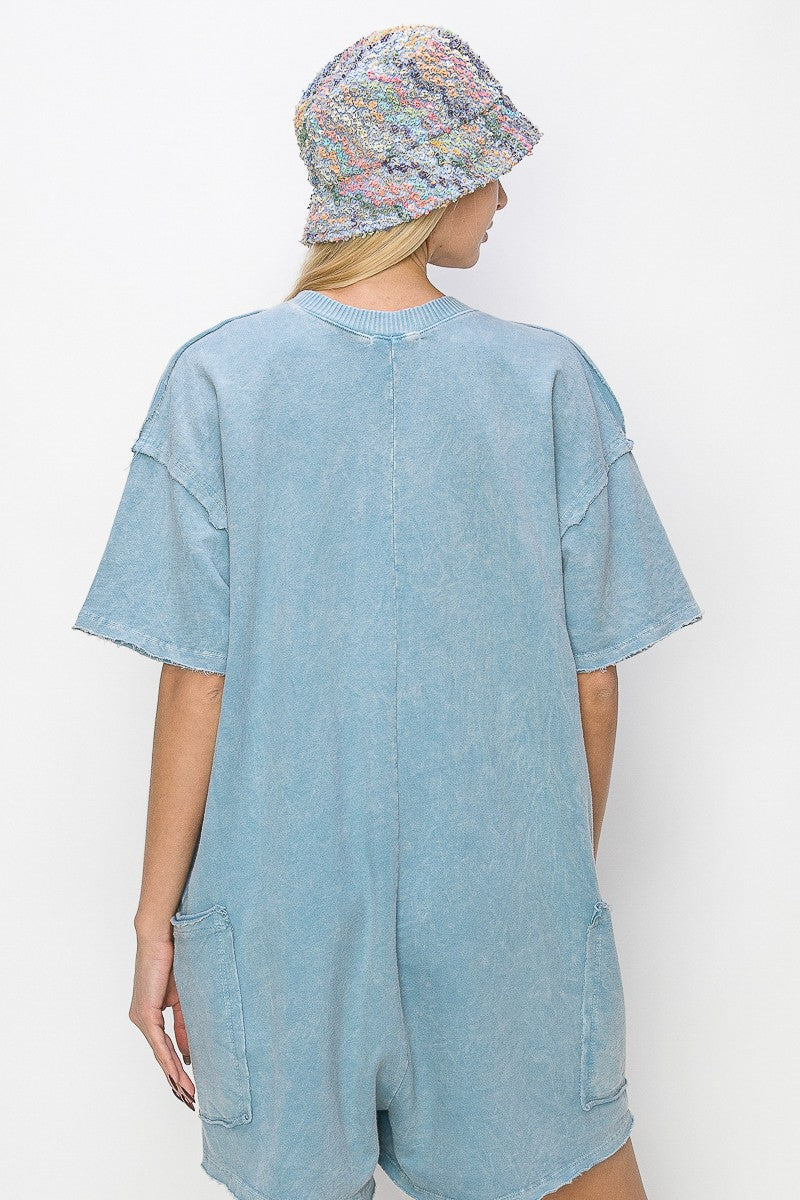 Mineral Wash Reversible Romper - Light Denim Blue